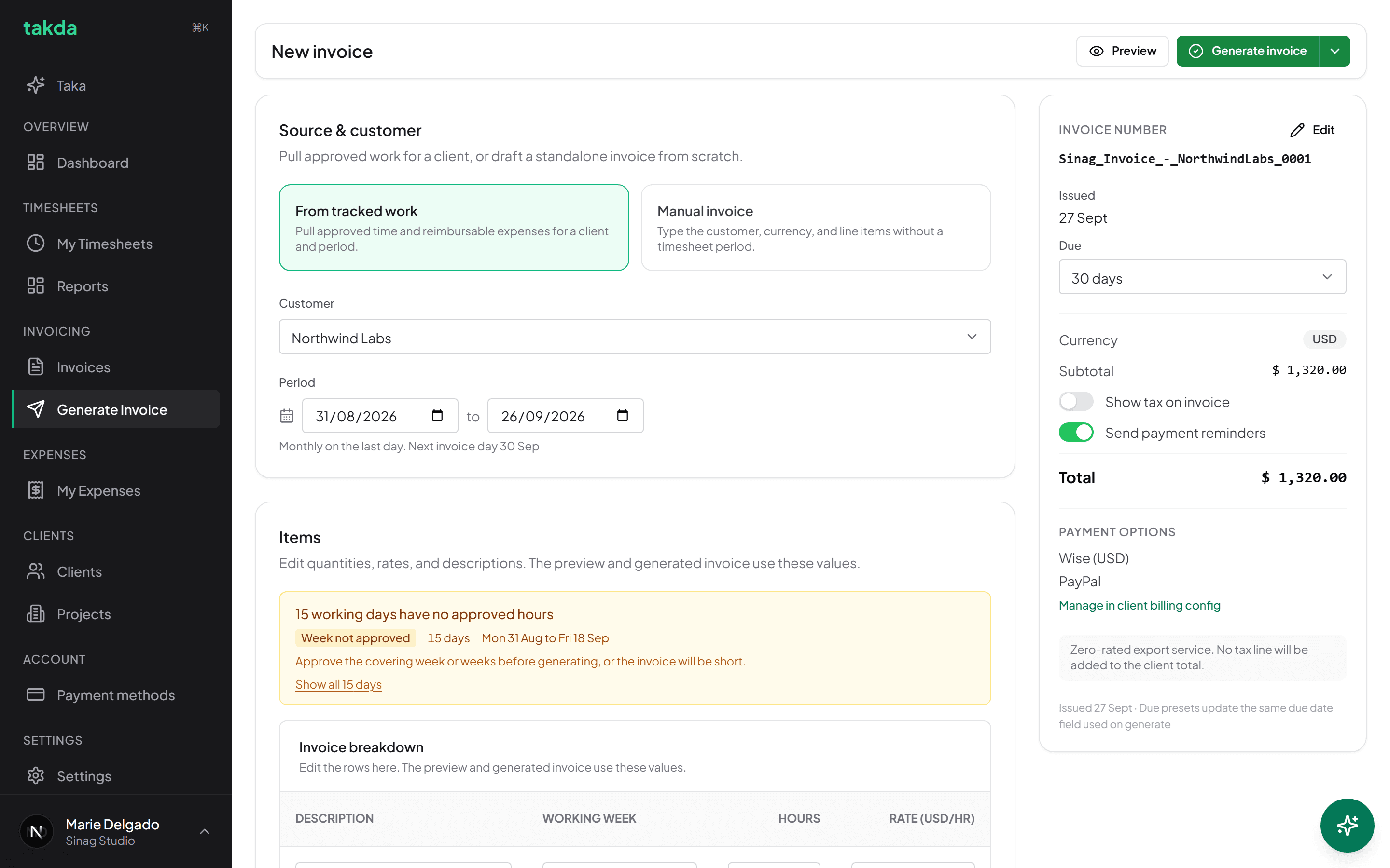 The Items section listing the work pulled from approved timesheets, with editable description, hours, and rate fields