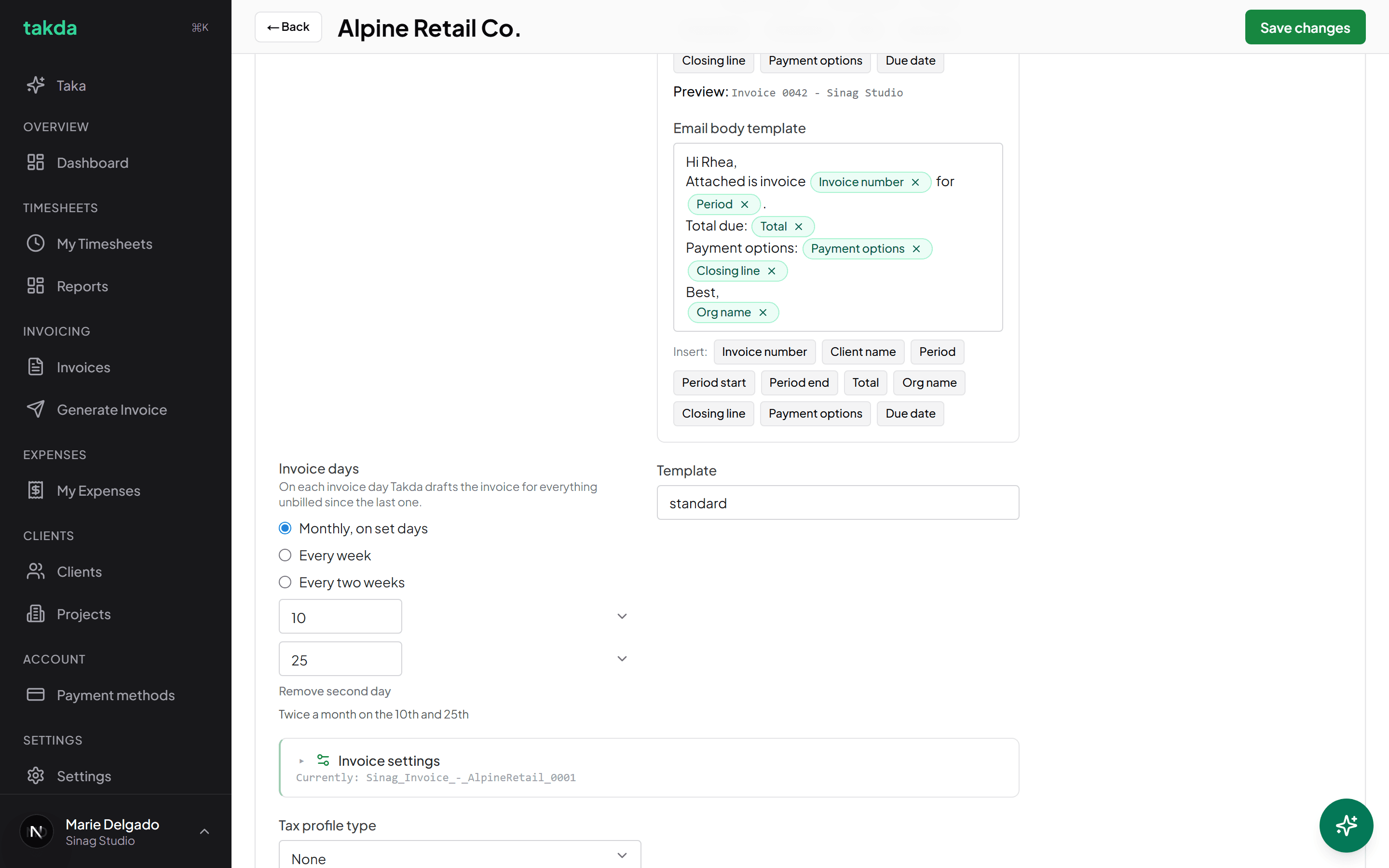 The client billing configuration showing invoice days set twice monthly, the invoice numbering pattern, and an email body template built from tokens