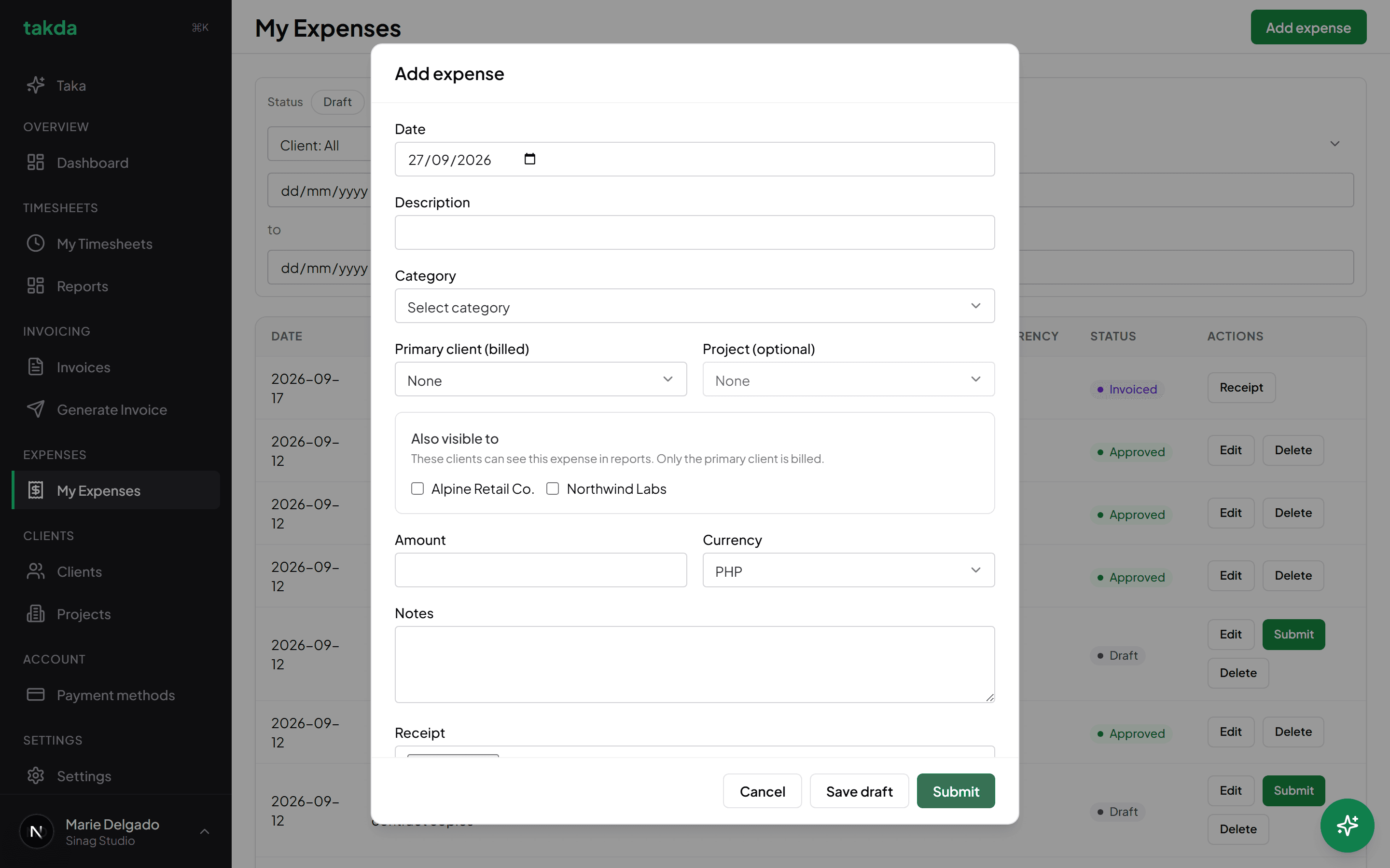The Add expense form with fields for date, description, category, primary client, project, amount, currency, notes, and a receipt upload